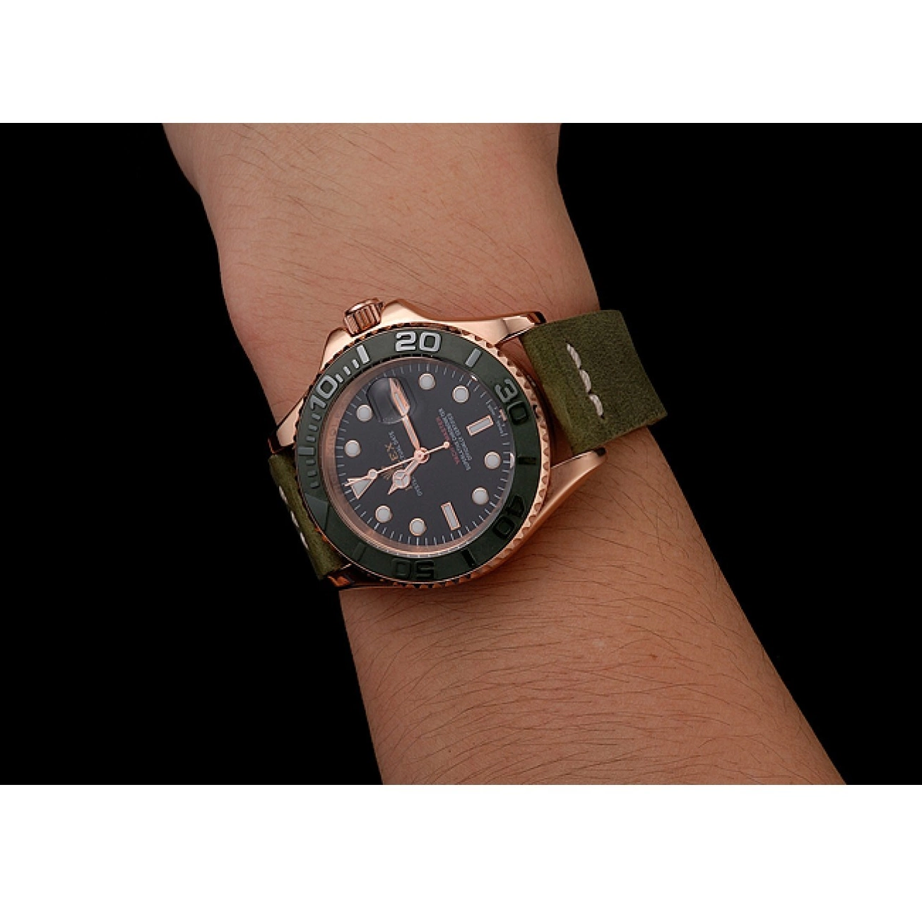Aaa fake watches Bezel Rose Yacht Case Master Dial Leather Gold Rolex 1453862 Black Bracelet Green Green 0616